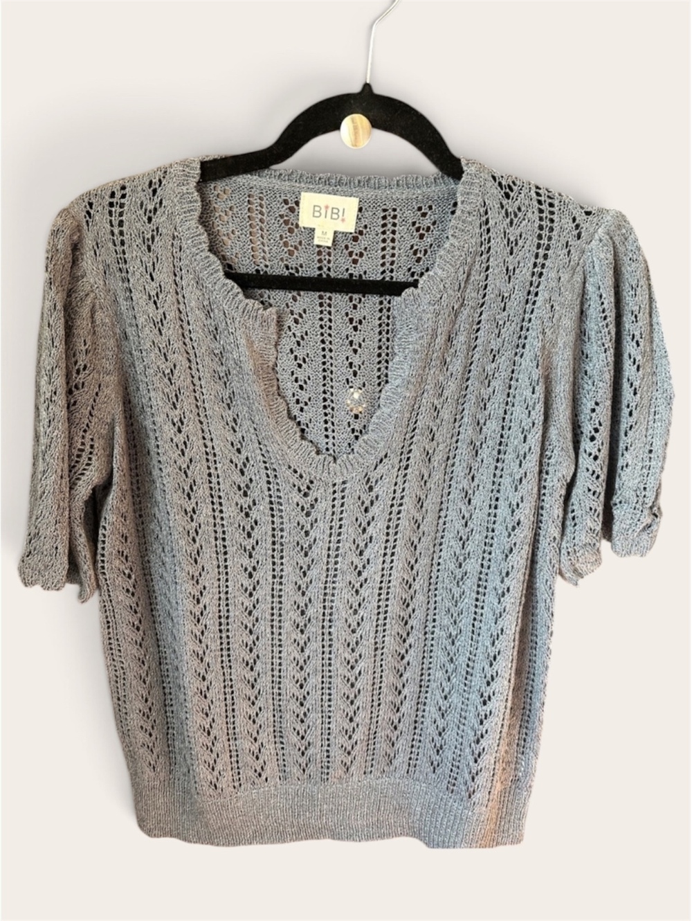 Gray Knit V-Neck Short Sleeve Sweater